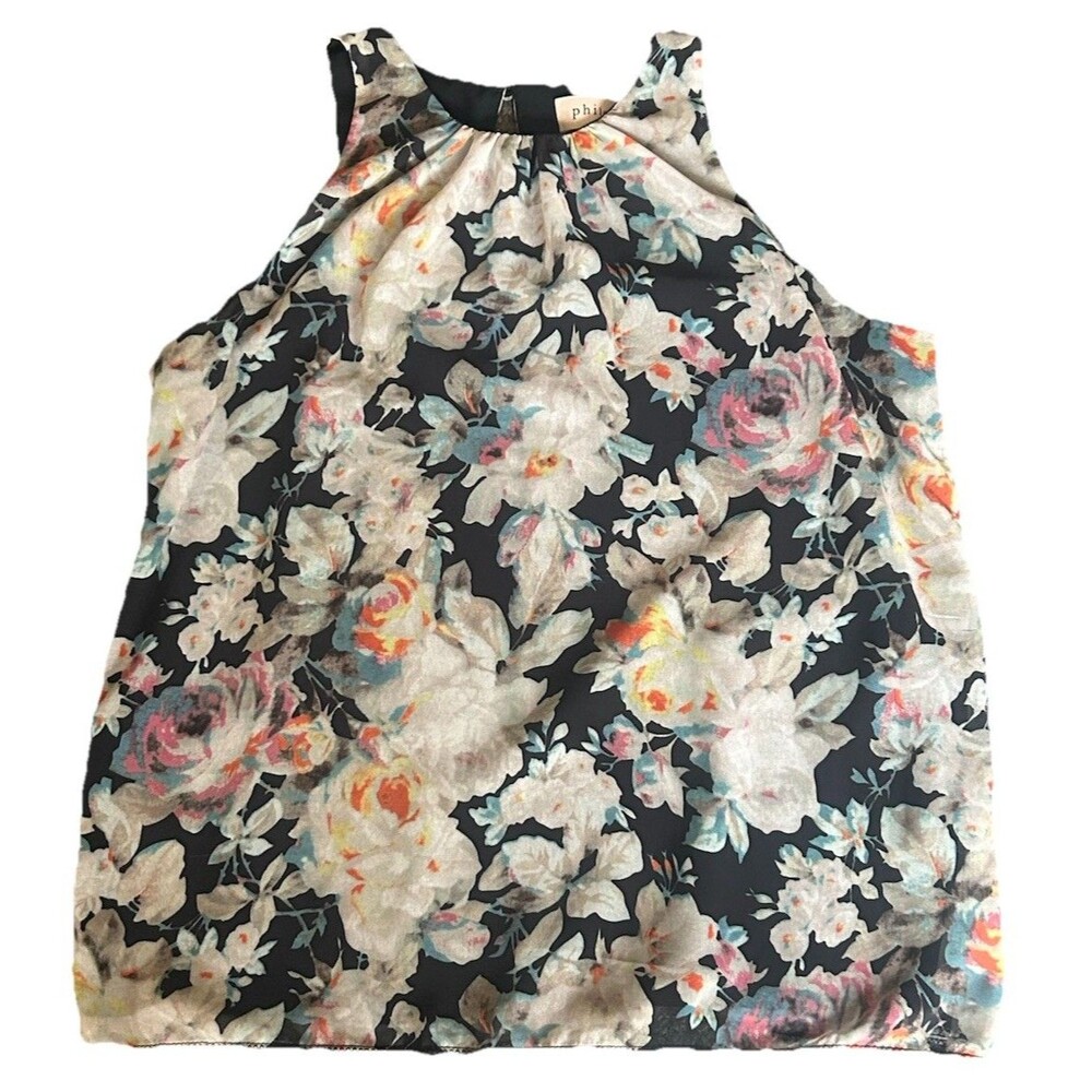 Women’s Floral Sleeveless Blouse Black Multicolor Romantic Boho Tank Top Size SP